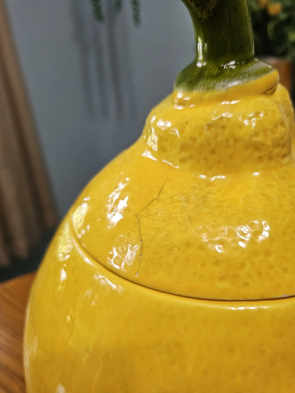 Vintage Ceramic Yellow Lemon Cookie Jar Stem Lid Maximalist Whimsical